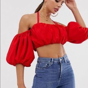 Asos Red Balloon sleeve crop top 32 bust